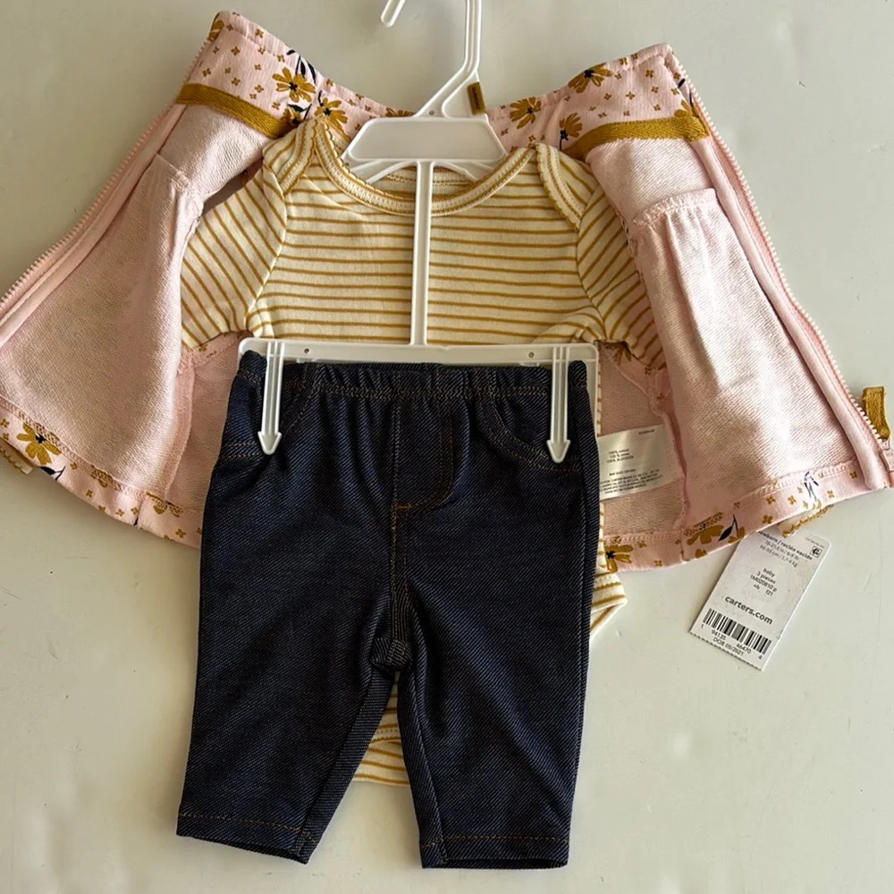 Carter’s Pink and Tan Floral Vest Striped Bodysuit and Pant Set - Picture 6 of 16